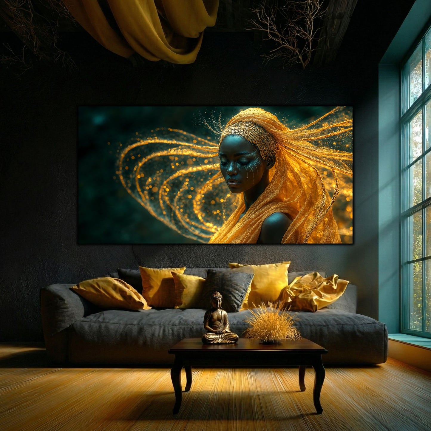 Tablou numit Ratacire Efemera care completeaza atmosfera unui living minimalist cu culori galbene si aurii 