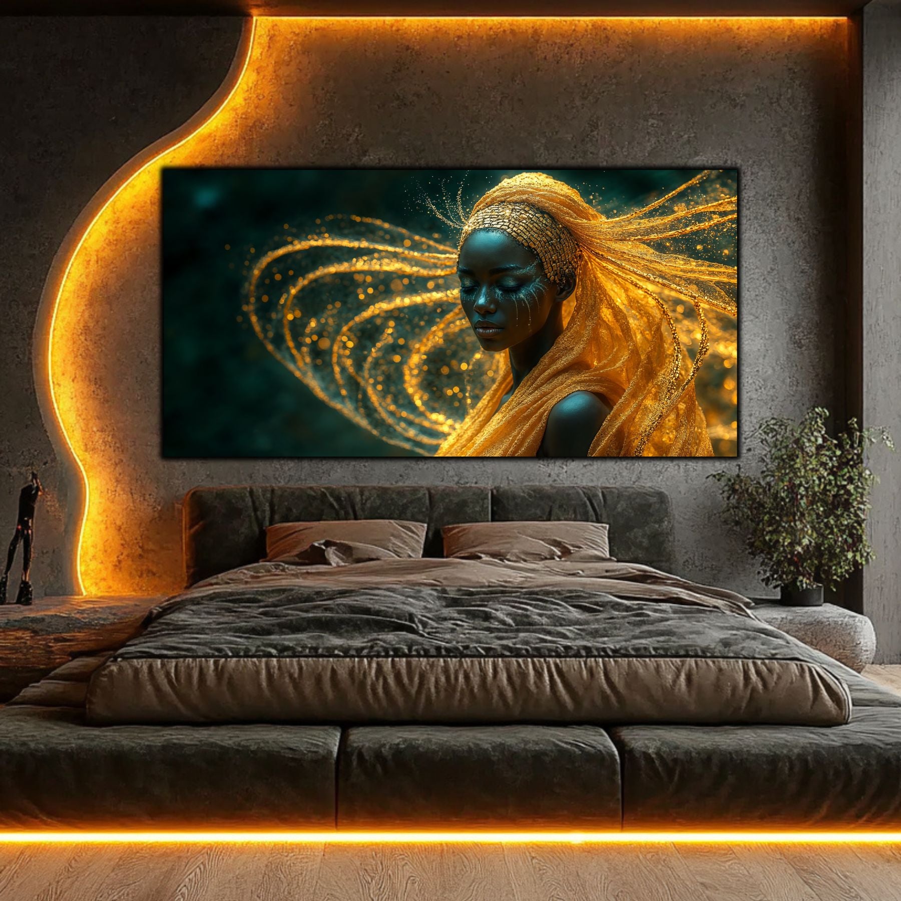 Tablou Ratacire Efemera deasupra patului din dormitor iluminat cu lumina led galbena
