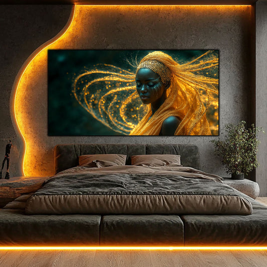Tablou Ratacire Efemera deasupra patului din dormitor iluminat cu lumina led galbena