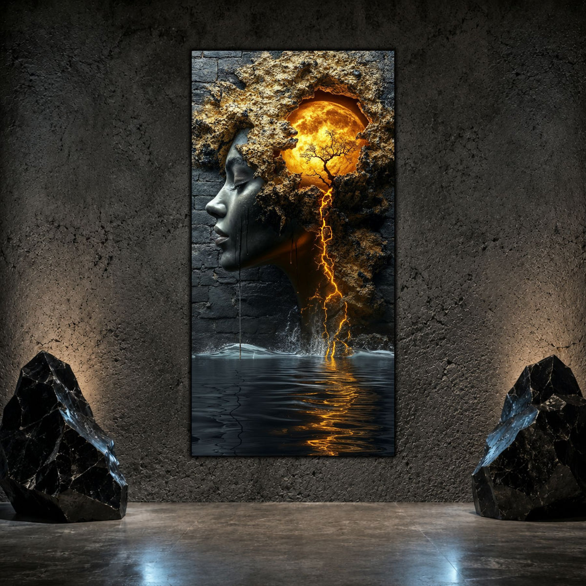 Tablou modern pentru living cu o prezenta meditativa, despre renastere, cu o luna plina si reflexii aurii.