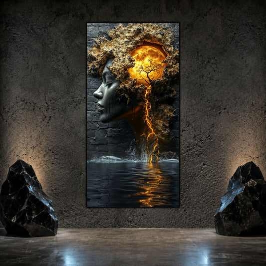 Tablou modern pentru living cu o prezenta meditativa, despre renastere, cu o luna plina si reflexii aurii.