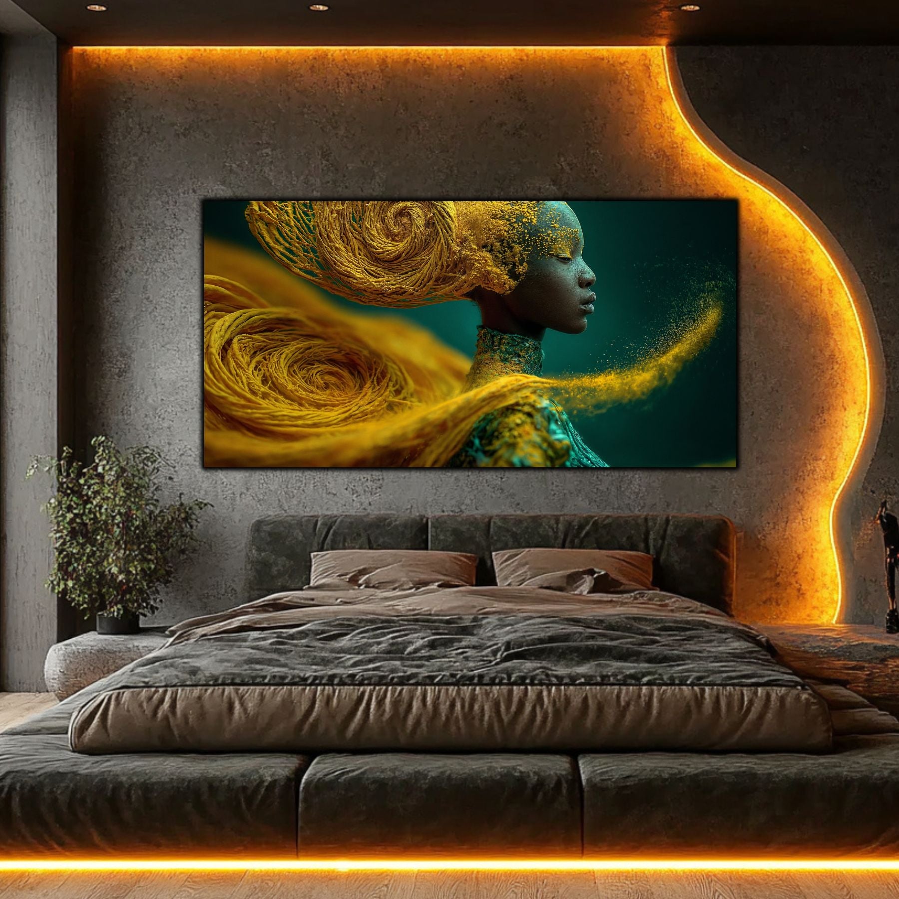 Tablou living modern Spirala de Aur – portret feminin auriu teal, dormitor modern cu iluminare LED aurie