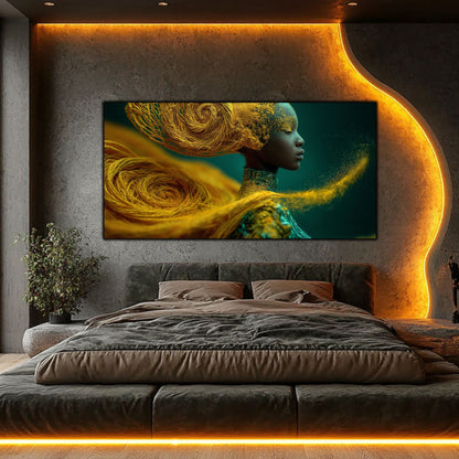 Tablou living modern Spirala de Aur – portret feminin auriu teal, dormitor modern cu iluminare LED aurie