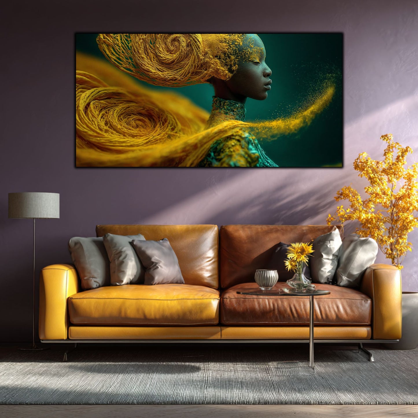 Tablou living modern Spirala de Aur – living cu canapea galbenă cognac