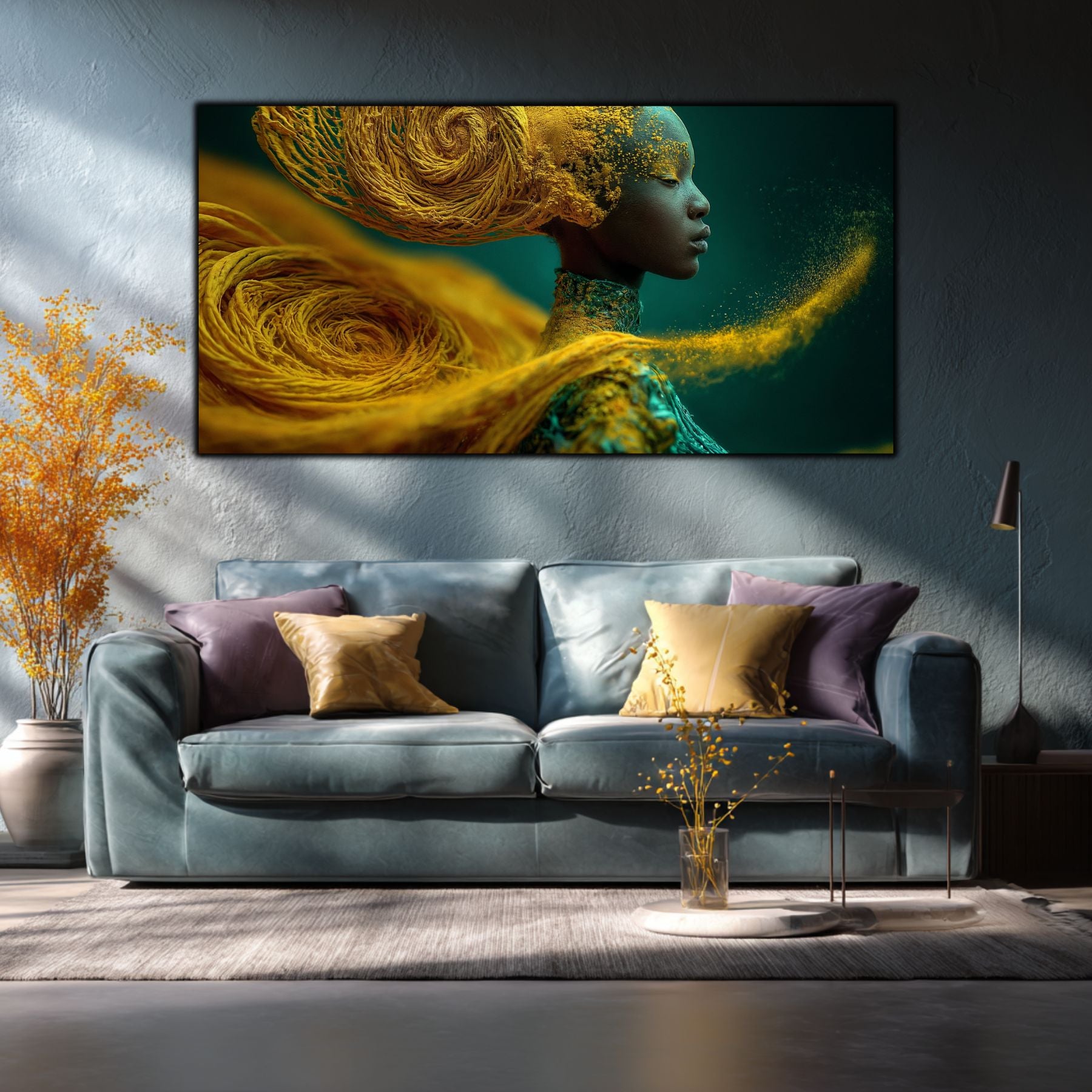 Tablou living modern Spirala de Aur – living cu canapea gri și perne colorate