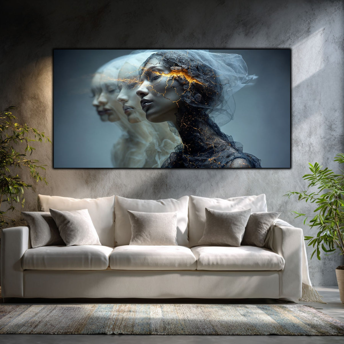 Tablou living modern cu trei chipuri feminine spre stânga, văl translucid și fisuri aurii, deasupra unei canapele crem cu perne gri, între plante verzi.