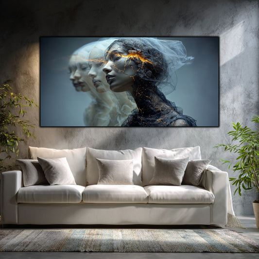 Tablou living modern cu trei chipuri feminine spre stânga, văl translucid și fisuri aurii, deasupra unei canapele crem cu perne gri, între plante verzi.