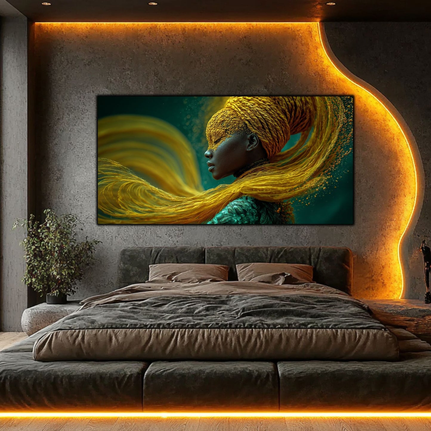 Tablou living modern Zborul Tăcut – portret feminin auriu teal, dormitor modern cu iluminare LED aurie. Tablou cu un farmec aparte.