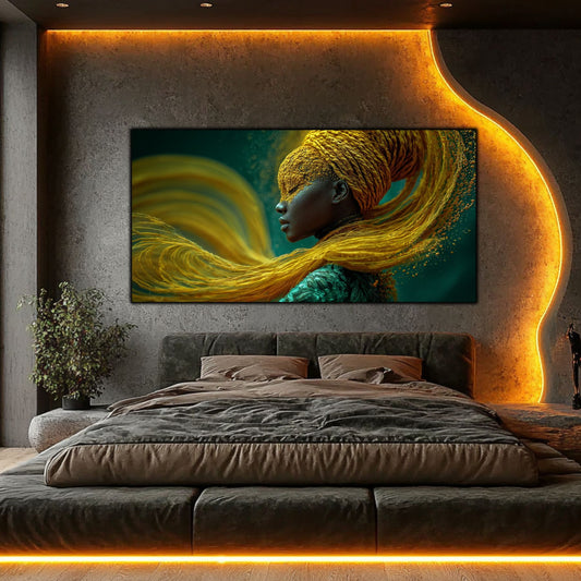 Tablou living modern Zborul Tăcut – portret feminin auriu teal, dormitor modern cu iluminare LED aurie. Tablou cu un farmec aparte.