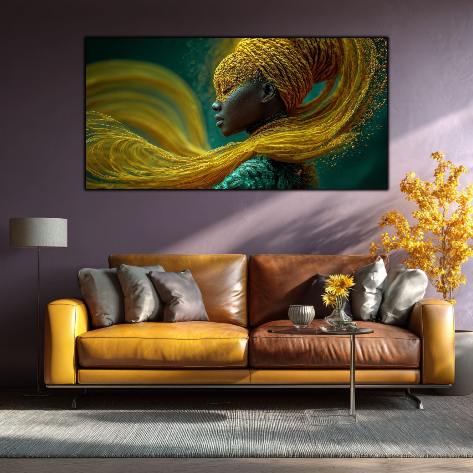  Tablou living modern Zborul Tăcut – living cu canapea galbenă cognac