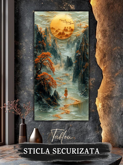 Mockup 1 – Tablou pentru living – Lumina din depărtare: O cale aurie spre munți, apă și spațiu interior, print UV pe sticlă securizată 