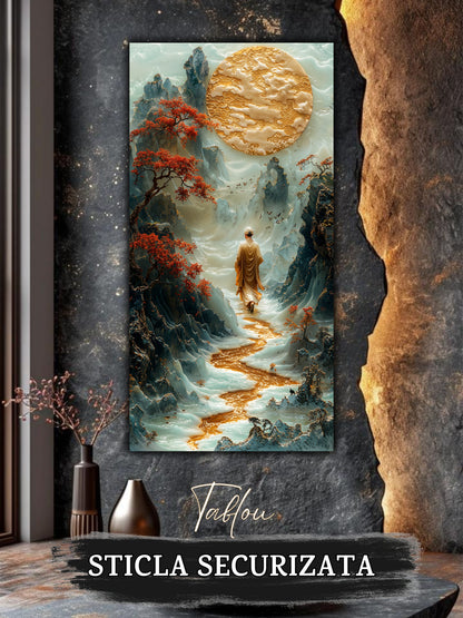 Mockup 1 – Tablou pentru living – Vârful de chihlimbar: Munți în relief, lună aurie și o figură în contemplare, print UV pe sticlă securizată | Art-Zen
