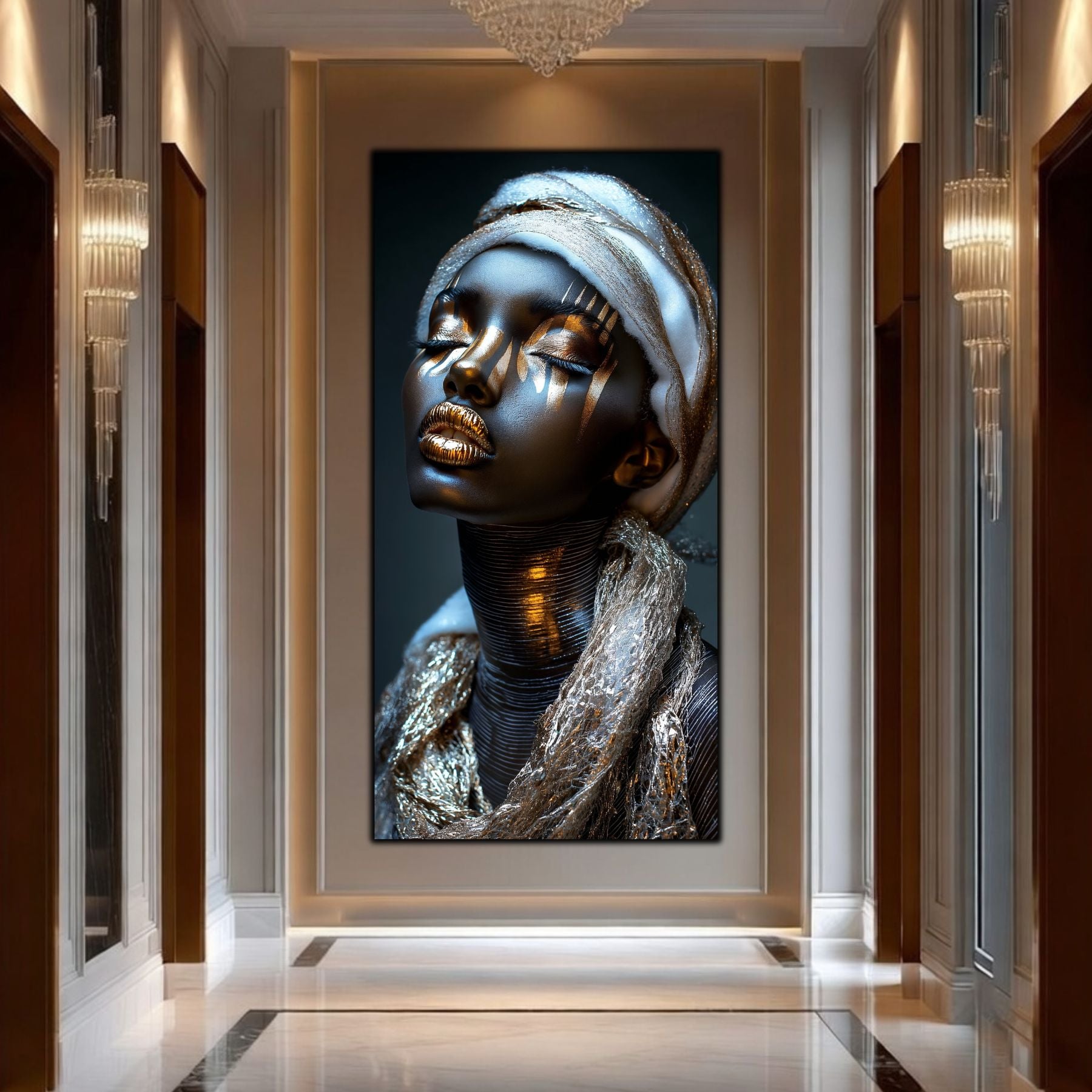 Tablou living Night Dream sticlă securizată – coridor hotel boutique cu lustre cristal și finisaje clasice