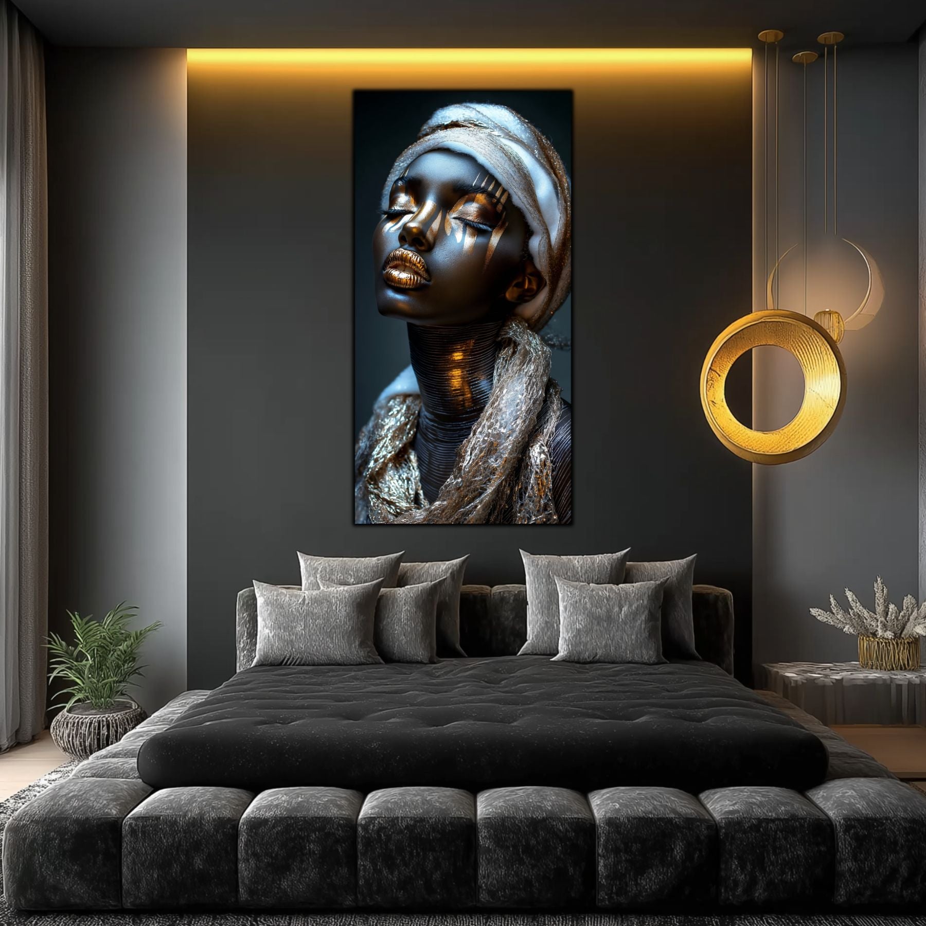 Tablou living Night Dream sticlă securizată – dormitor dark-modern cu iluminare LED aurie și pandantive circulare