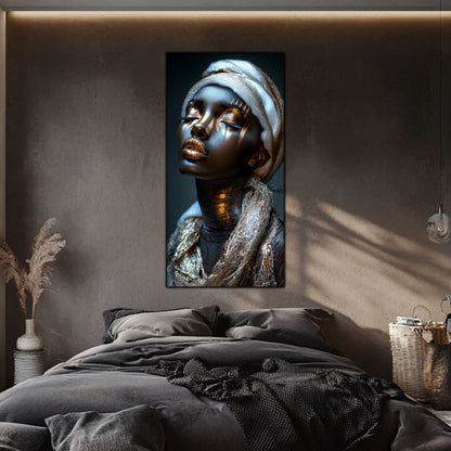 Tablou living Night Dream sticlă securizată – portret dark-modern argintiu-auriu, dormitor minimalist bej cu lumină naturală