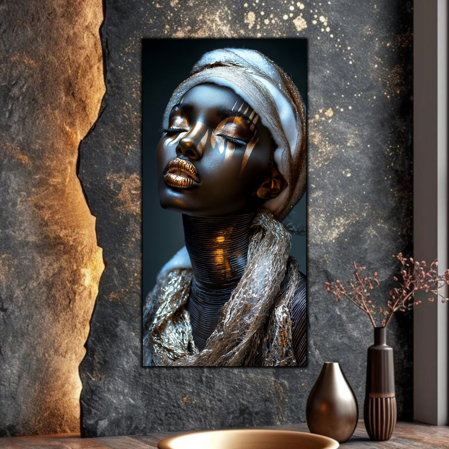 Tablou living Night Dream sticlă securizată – portret feminin negru-auriu, perete piatră brută cu vaze bronz