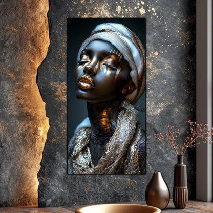 Tablou living Night Dream sticlă securizată – portret feminin negru-auriu, perete piatră brută cu vaze bronz