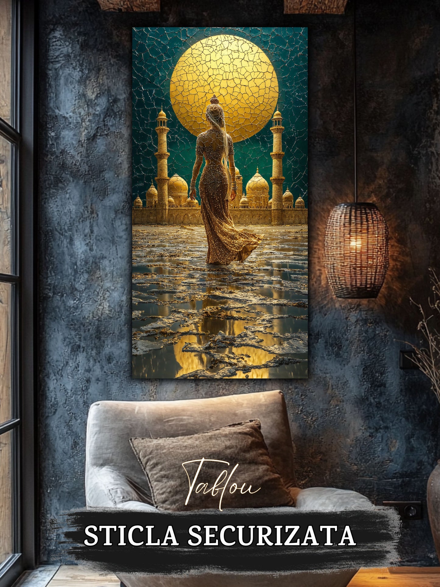 tablou living pe sticlă Templul Interior – living modern cu canapea gri și accente galbene