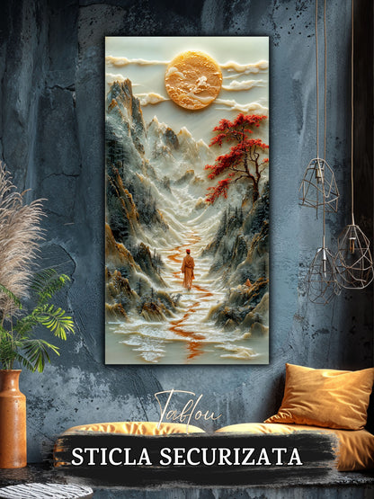 Mockup 1 – Tablou pentru living – Pași printre petale: O femeie, petale roșii și o vale în mișcare, print UV pe sticlă securizată | Art-Zen