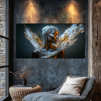 tablou cu portret meditativ care viseaza la Cosmos, prezentat pe un perete de beton