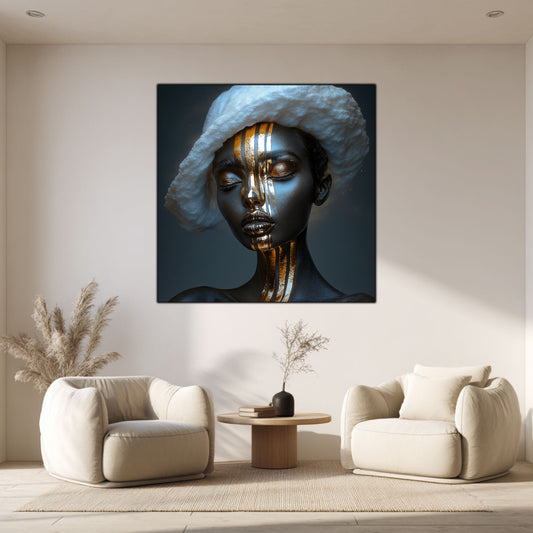 tablou living cu portret feminin sculptural, alb și bronz „Pale Ritual” – mockup interior modern 1