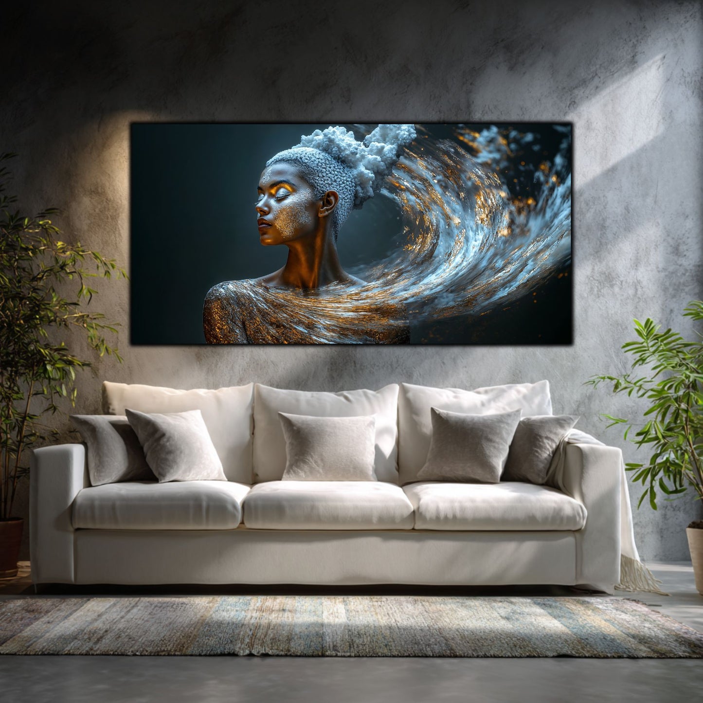 Decor din sticla assezat deasupra canapelei albe. Tablou din sticla cu impact emotional pentru design exclusivist.