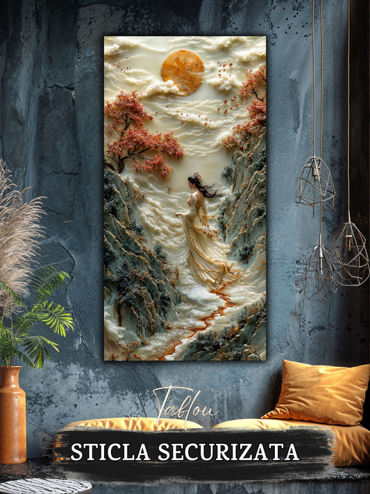 Mockup 1 – Tablou pentru living – Răsărit peste trecătoare: Soarele auriu, stâncile și liniștea mersului, print UV pe sticlă securizată | Art-Zen