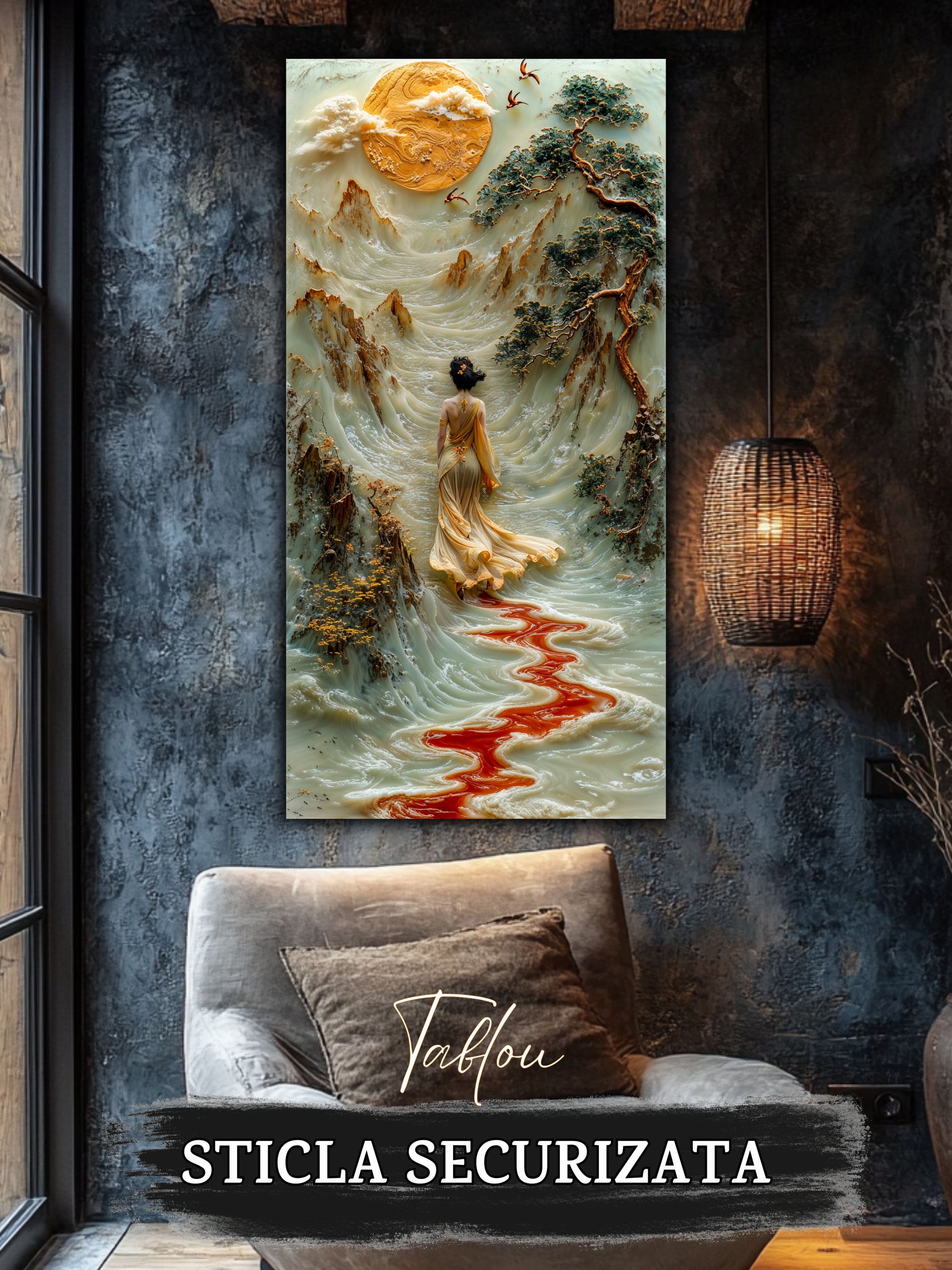 Mockup 1 – Tablou pentru living – Râul care duce acasă: O femeie în lumină, munți și un fir roșu de apă, print UV pe sticlă securizată | Art-Zen