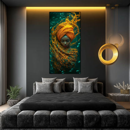 Portret feminin scufundat in meditatie, în culori zen, perfect pentru spații moderne care inspiră calm, din colectia Abisssal Odissey de la artzen.