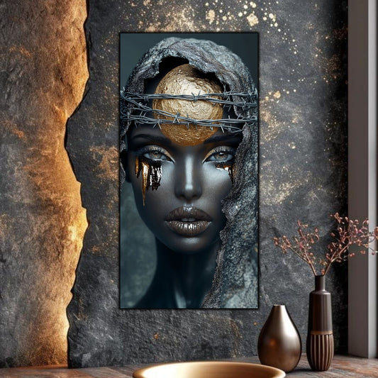 Tablou living Rugăciune sticlă securizată – portret dark-modern auriu, perete piatră brută cu vaze bronz