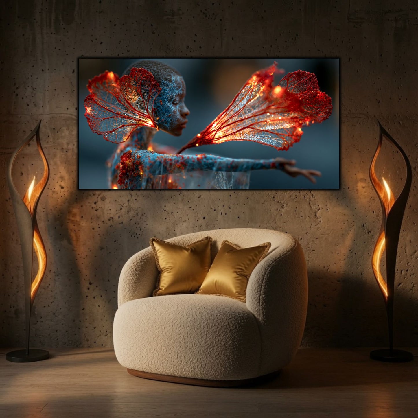 Tabloul decorativ Gentle Flame aduce eleganță și căldură unui living modern prin reflexii luminoase și detalii translucide.