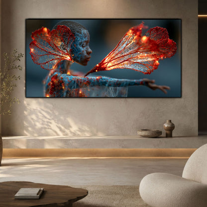 Tablou decorativ pe sticlă Gentle Flame integrat într-un decor minimalist, unde lumina și liniștea definesc atmosfera.