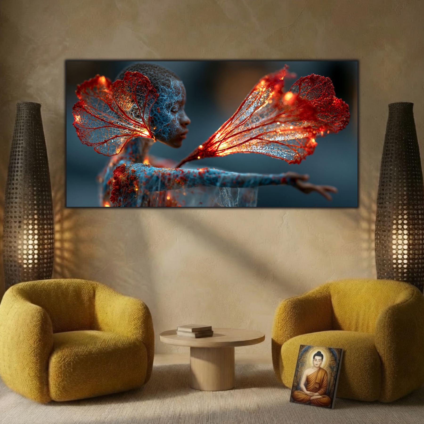 Tabloul Gentle Flame completează armonios un interior zen prin transparențe delicate, lumină caldă și eleganță contemporană.