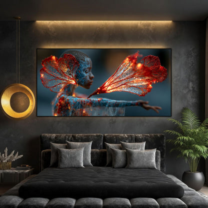 Gentle Flame creează o atmosferă relaxantă într-un dormitor modern, unde lumina subtilă și arta inspiră echilibru și contemplare.