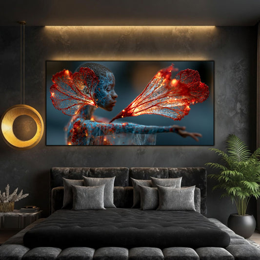 Gentle Flame creează o atmosferă relaxantă într-un dormitor modern, unde lumina subtilă și arta inspiră echilibru și contemplare.