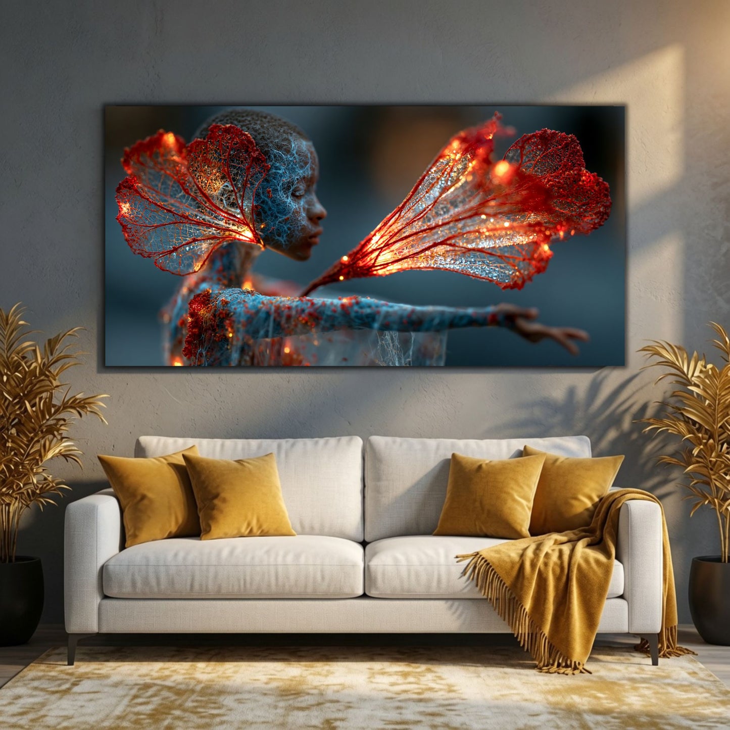 Tablou decorativ Gentle Flame pentru sufragerie sau dormitor, realizat pe sticlă securizată ultra-clară și integrat într-un design interior contemporan.