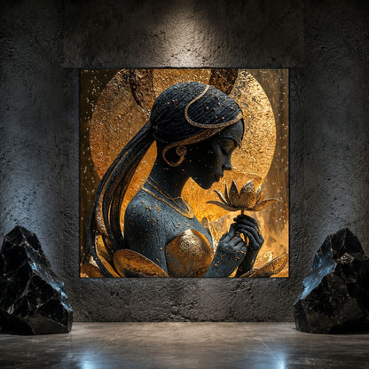 Tablou living Silent Lotus pe sticlă securizată, prezentat într-un interior modern.