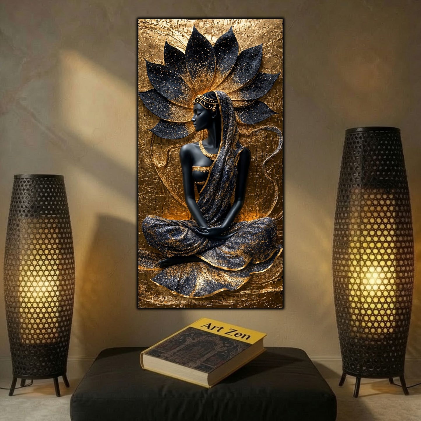 Tablou vertical Lotus Within pe sticlă securizată, în interior dark-gold cu veioze perforate și lumină ambientală