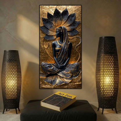 Tablou vertical Lotus Within pe sticlă securizată, în interior dark-gold cu veioze perforate și lumină ambientală