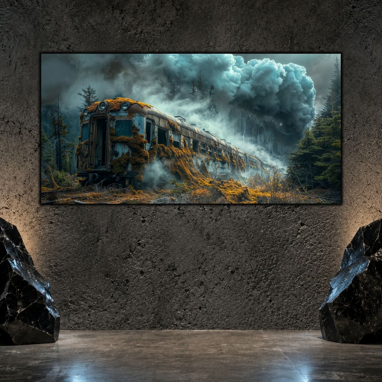 Tablou living modern „The Train That Stayed” pe sticlă securizată cu un vagon acoperit de toamna si rugina, sub ub cer cu nori de ceata