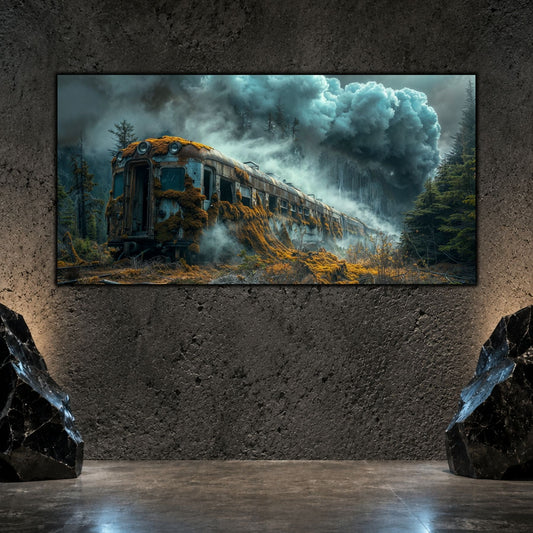 Tablou living modern „The Train That Stayed” pe sticlă securizată cu un vagon acoperit de toamna si rugina, sub ub cer cu nori de ceata