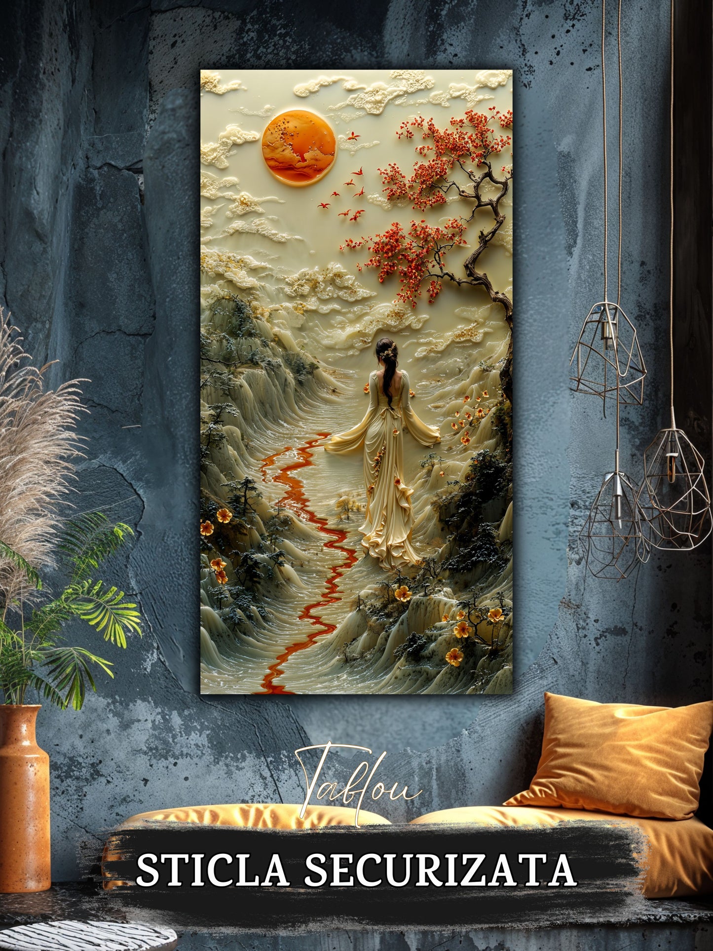 Mockup 1 – Tablou pentru living – Valea cu cer de fildeș: Peisaj calm, lună rotundă și flori roșii, print UV pe sticlă securizată | Art-Zen