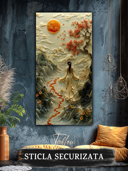 Mockup 1 – Tablou pentru living – Valea cu cer de fildeș: Peisaj calm, lună rotundă și flori roșii, print UV pe sticlă securizată | Art-Zen