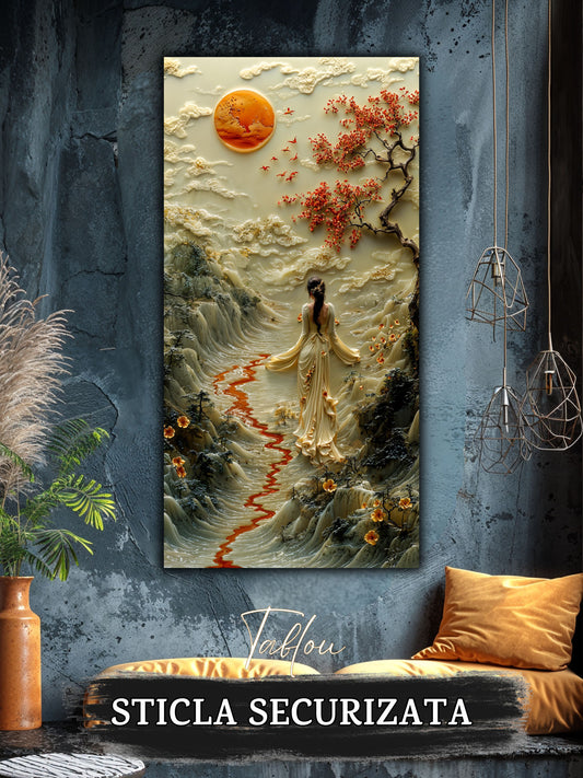 Mockup 1 – Tablou pentru living – Valea cu cer de fildeș: Peisaj calm, lună rotundă și flori roșii, print UV pe sticlă securizată | Art-Zen