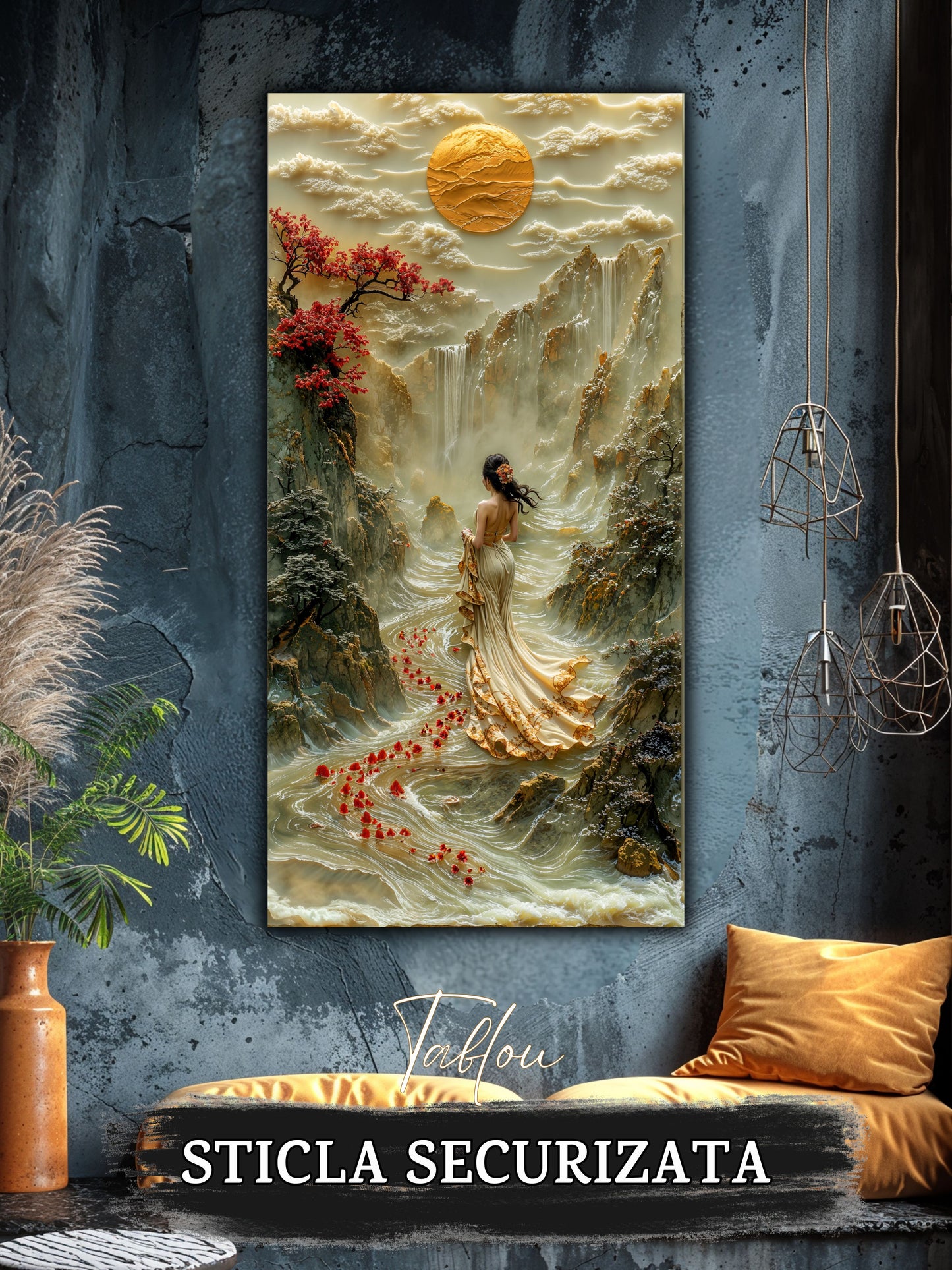 Mockup 1 – Tablou pentru living – Înainte de zbor: O siluetă în lumină, păsări și o cale care se deschide, print UV pe sticlă securizată | Art-Zen