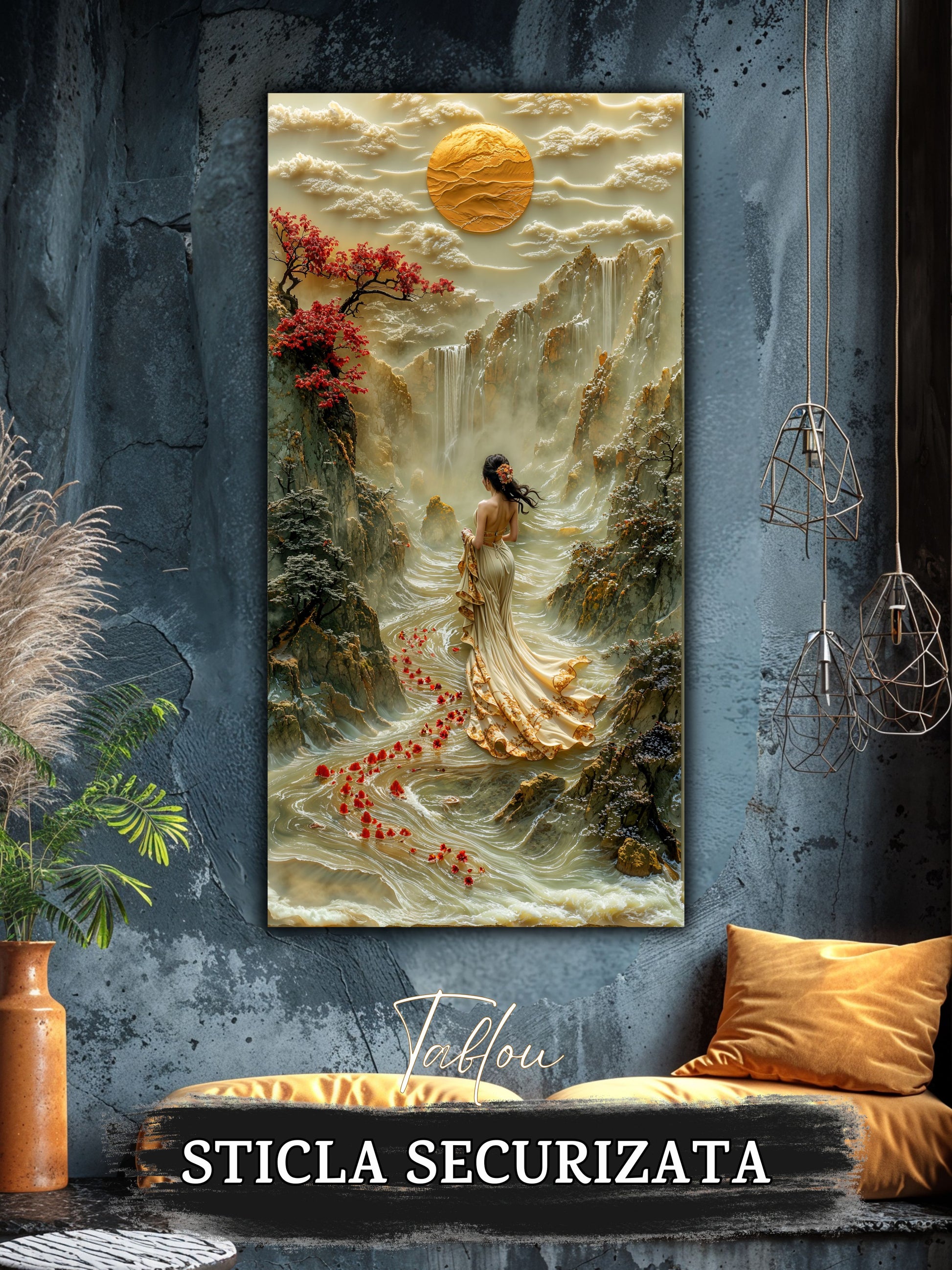 Mockup 1 – Tablou pentru living – Înainte de zbor: O siluetă în lumină, păsări și o cale care se deschide, print UV pe sticlă securizată | Art-Zen