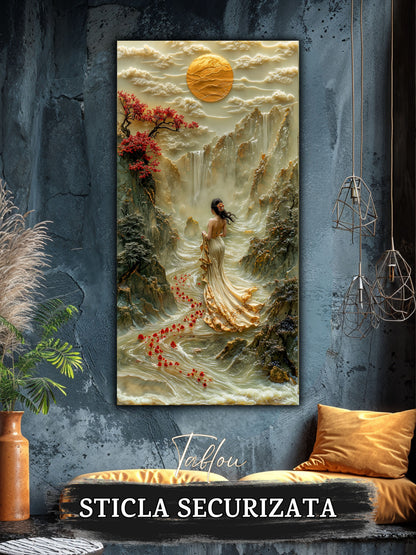 Mockup 1 – Tablou pentru living – Înainte de zbor: O siluetă în lumină, păsări și o cale care se deschide, print UV pe sticlă securizată | Art-Zen