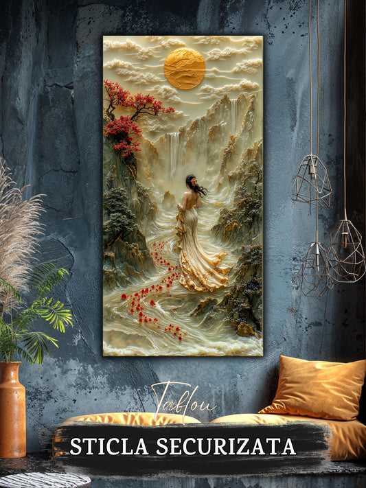 Mockup 1 – Tablou pentru living – Înainte de zbor: O siluetă în lumină, păsări și o cale care se deschide, print UV pe sticlă securizată | Art-Zen
