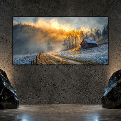 Tablou mare pentru living, cu cabană, drum și lumină de iarnă, printat uv pe sticla, decor perfect pentru livingul modern.