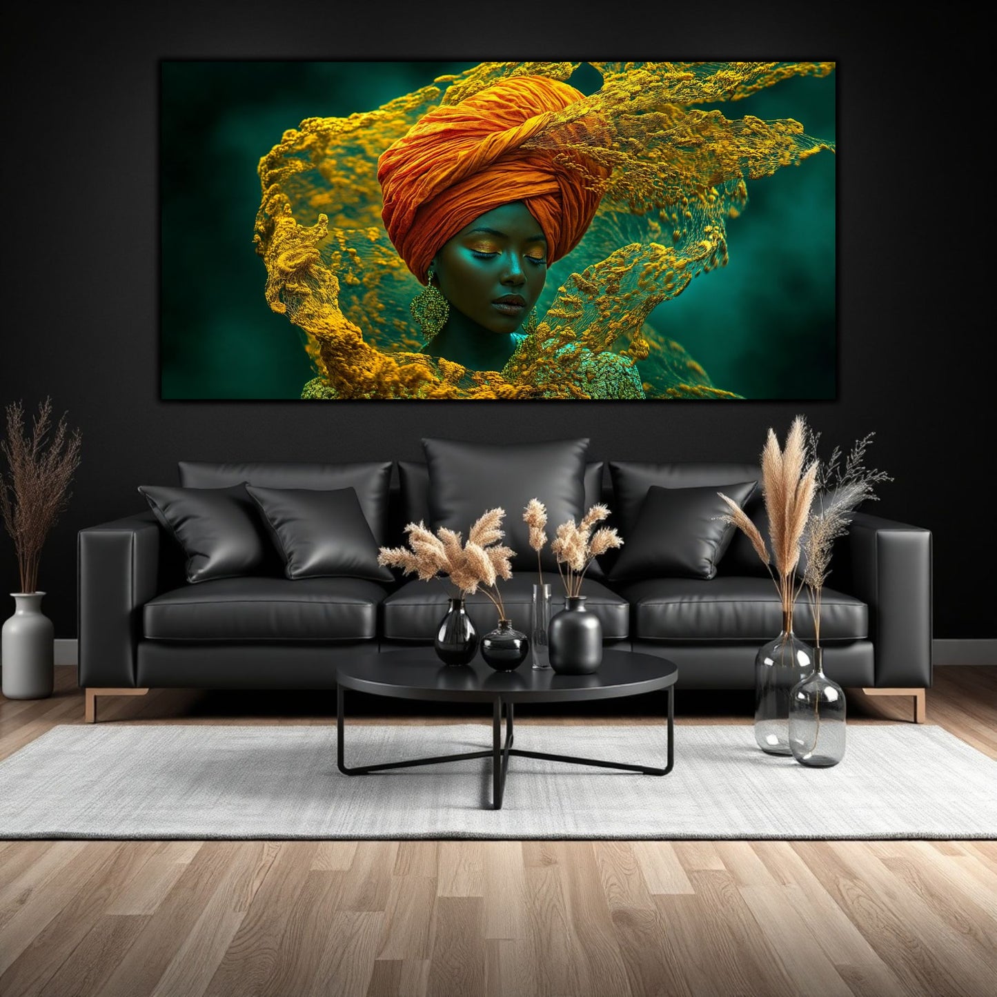 Tablou mare pentru sufragerie, design introspectiv zen-luxury cu iluminare cinematică abisală.